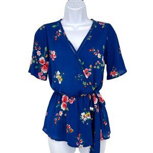 Sienna Sky Floral Wrap Top Blouse Peplum Short Sleeve Blue Size Small